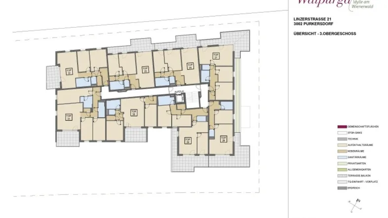 Übersichts-Grundriss des 3. Obergeschosses mit mehreren Wohneinheiten und Balkonen.