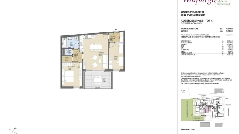 Detaillierter Grundriss einer 3-Zimmer-Wohnung im Obergeschoss mit Loggia und offenem Wohnbereich.