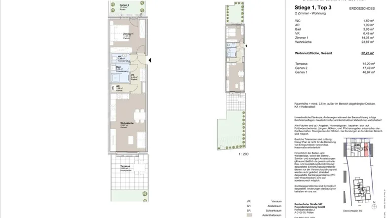 Grundriss einer 2-Zimmer-Wohnung mit Wohnküche, Schlafzimmer, Bad und zwei Terrassen.