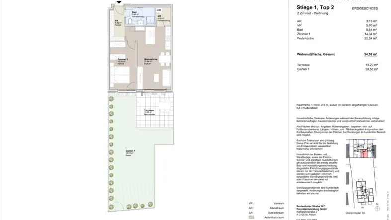 Grundriss einer 2-Zimmer-Wohnung mit Terrasse und Garten im Erdgeschoss, inklusive Bad und WC.