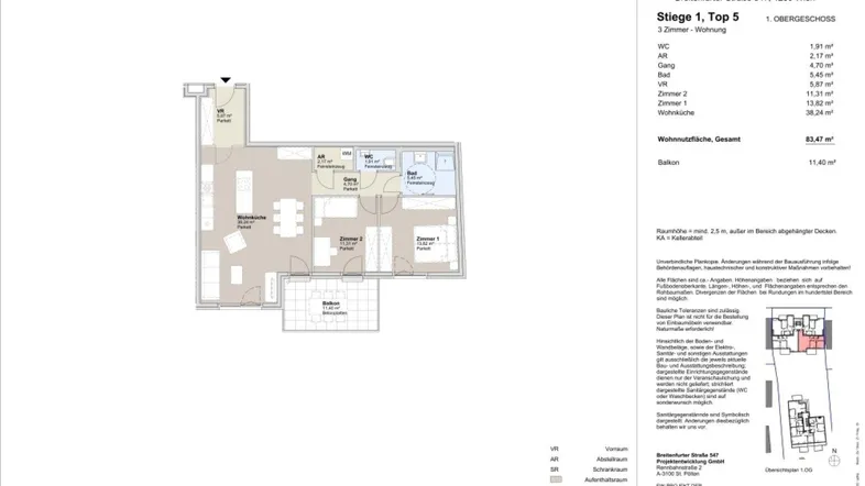 Grundriss einer Wohnung mit drei Zimmern, offenem Wohnbereich, zwei Bädern und Balkon.