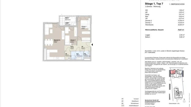 Grundriss einer 3-Zimmer-Wohnung mit Loggia und Balkon, zeigt die Raumaufteilung.
