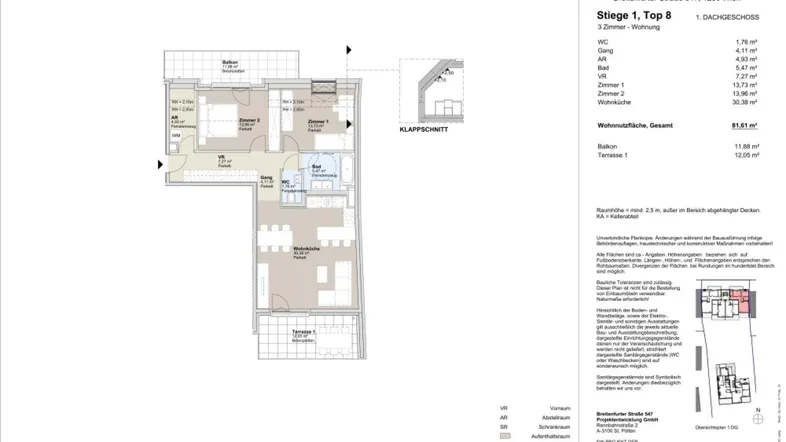 Grundriss einer 3-Zimmer-Wohnung mit offenem Wohnbereich, Balkon und Terrasse.