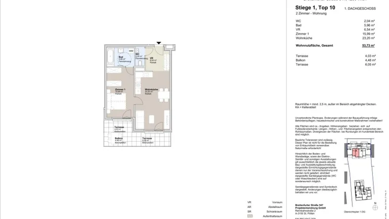 Grundriss einer 2-Zimmer-Wohnung mit Terrasse, Balkon und offenem Wohnbereich.