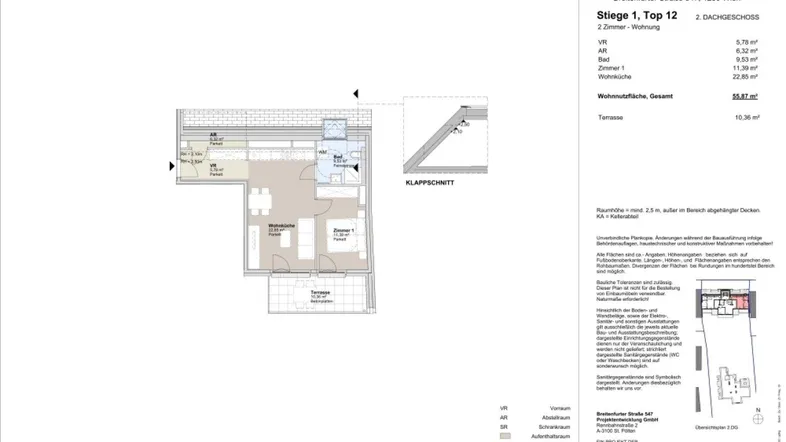 Grundriss einer 2-Zimmer-Wohnung mit Wohnküche, Bad und Terrasse im Dachgeschoss.