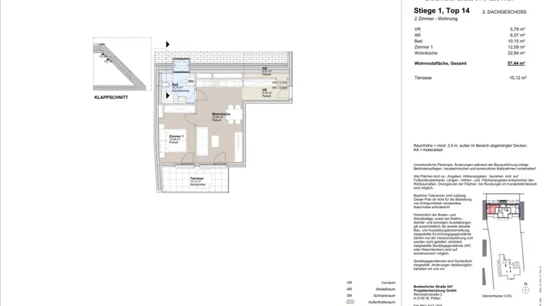 Grundriss einer 2-Zimmer-Wohnung mit Terrasse und Dachschräge, zeigt die Raumaufteilung.