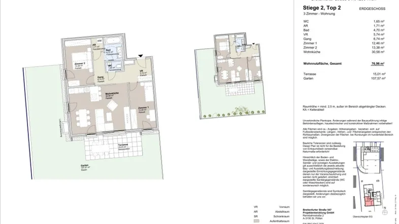 Detaillierter Grundriss der Wohnung Stiege 2, Top 2 mit Terrasse und Gartenanteil.