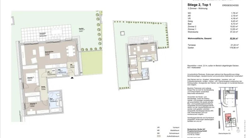 Detaillierter Grundriss mit zwei Ebenen, Terrasse und Gartenbereich, inklusive Flächenangaben.