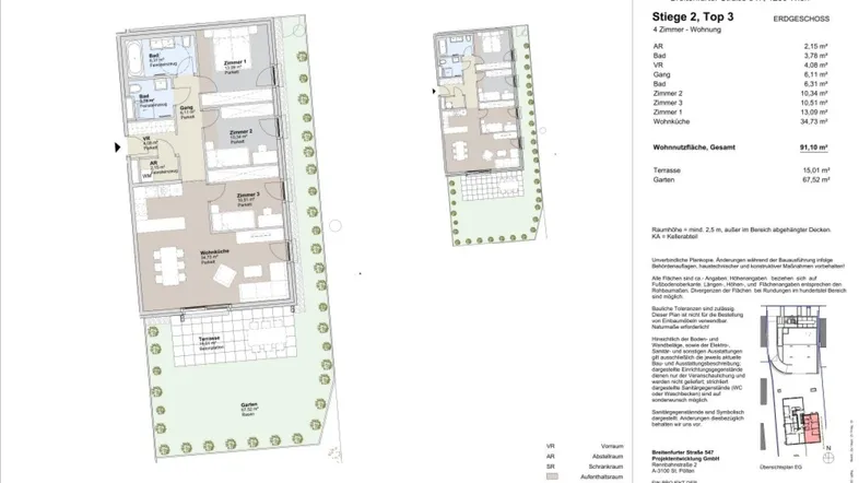 Detaillierter Grundriss einer 4-Zimmer-Wohnung mit Terrasse und Gartenbereich.