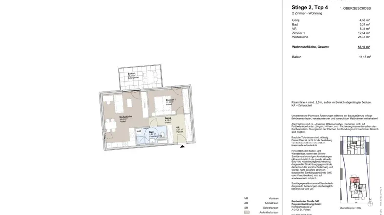 Grundriss einer 2-Zimmer-Wohnung mit Balkon, separatem WC und offener Wohnküche.