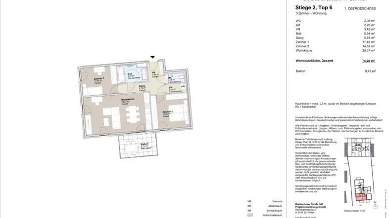 Detaillierter Grundriss einer 3-Zimmer-Wohnung mit Balkon und klarer Raumaufteilung.