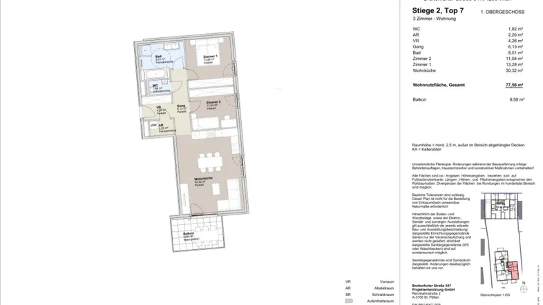 Grundriss einer modernen Wohnung mit drei Zimmern, offenem Wohnbereich und Balkon.