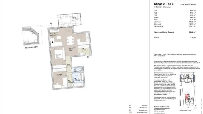 Detaillierter Grundriss einer 3-Zimmer-Wohnung mit Balkon und klarer Raumaufteilung.