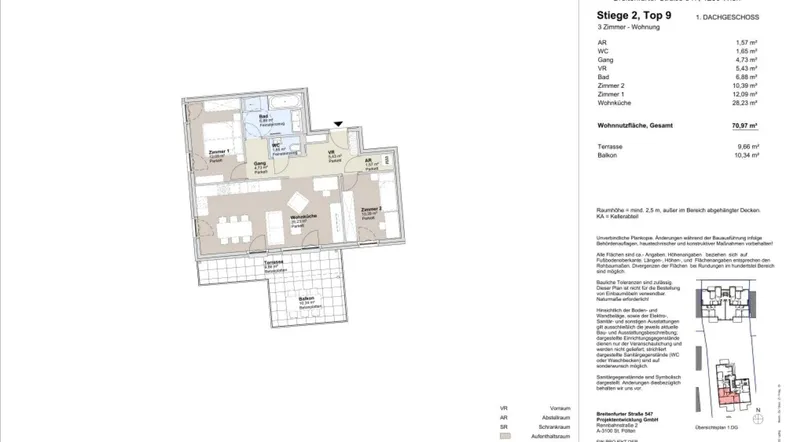 Detaillierter Grundriss einer 3-Zimmer-Wohnung mit offener Wohnküche, Terrasse und Balkon.