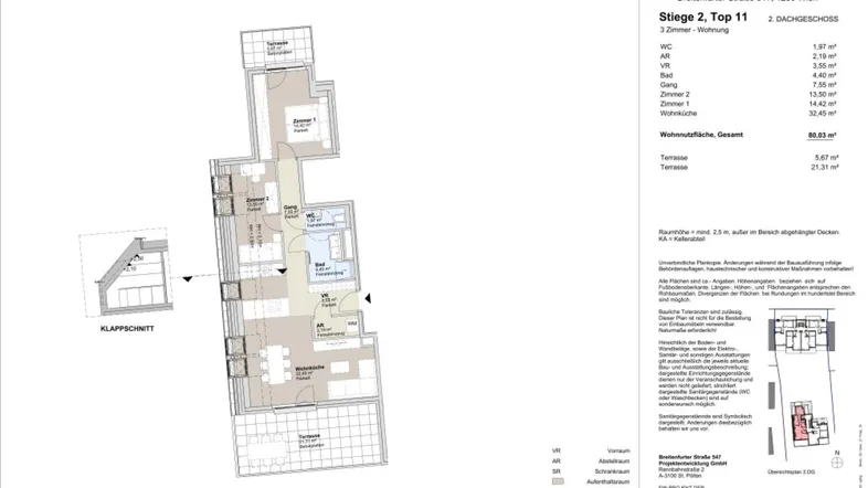 Detaillierter Grundriss einer Wohnung mit zwei Terrassen und einem separaten WC.