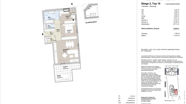 Grundriss einer modernen 3-Zimmer-Wohnung mit offener Raumaufteilung, Terrasse und Balkon.