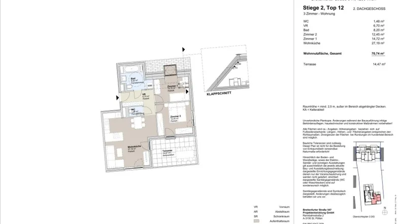 Grundriss der Wohnung Stiege 2, Top 12 mit drei Zimmern, einem Bad, einem separaten WC und Terrasse.
