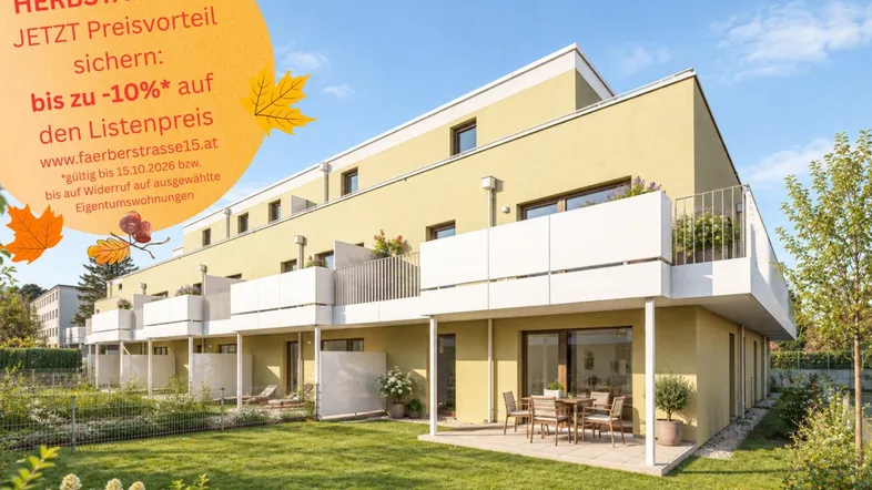 Modernes Mehrfamilienhaus mit hellbeiger Fassade, großzügigen Terrassen und gepflegten Gärten.