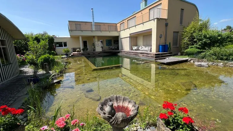 Großzügiger Gartenbereich mit einem natürlichen Schwimmteich und moderner Architektur im Hintergrund.