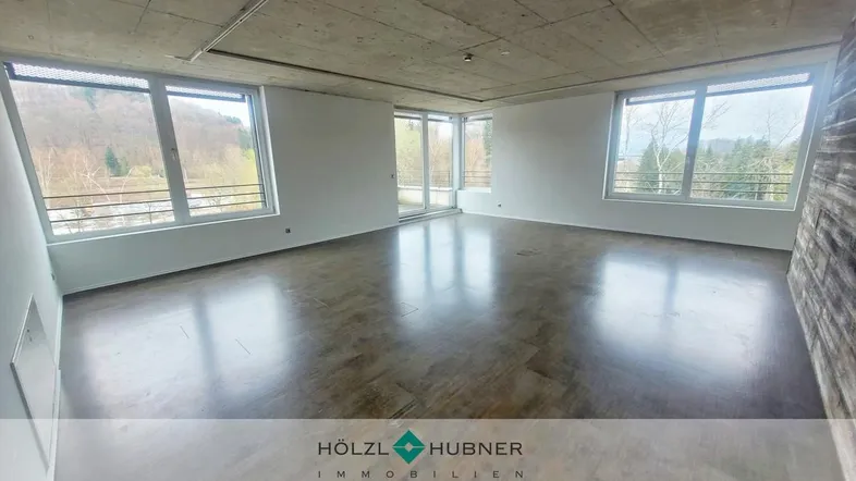 Geräumiger, unmöblierter Innenraum mit großen Fenstern und Blick ins Grüne, ausgestattet mit einem Beton-Decke und modernem Bodenbelag.