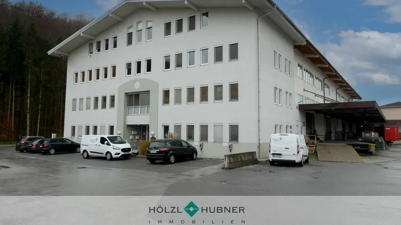 Großes Gewerbegebäude mit vielen Fenstern, Laderampen und Parkplätzen unter bewölktem Himmel.