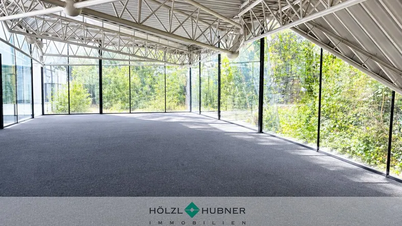 Geräumiger Büroraum mit großen Glasfronten, Blick ins Grüne und markanter Dachkonstruktion.