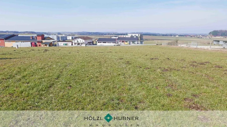Weitläufiges grünes Grundstück mit Blick auf umliegende Gebäude und offene Landschaft unter blauem Himmel.