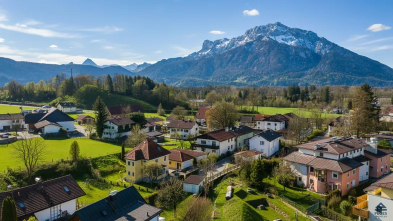 Panoramablick auf ein malerisches Dorf mit grünen Wiesen und majestätischen Bergen im Hintergrund.