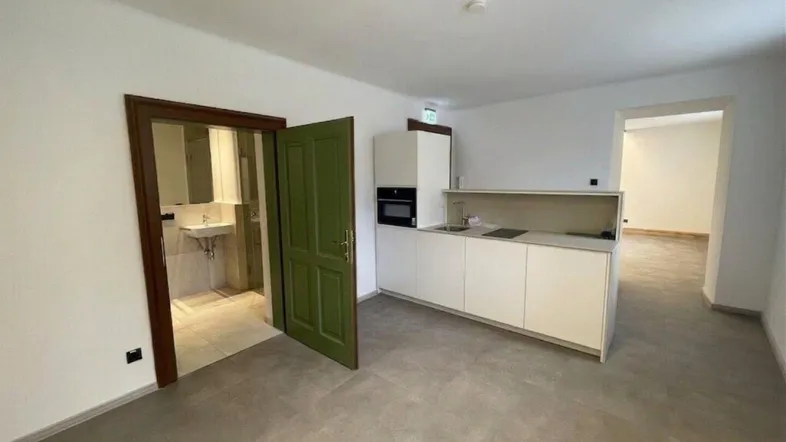 Heller Wohnbereich mit integrierter Küchenzeile und Blick auf das Badezimmer mit Waschbecken.