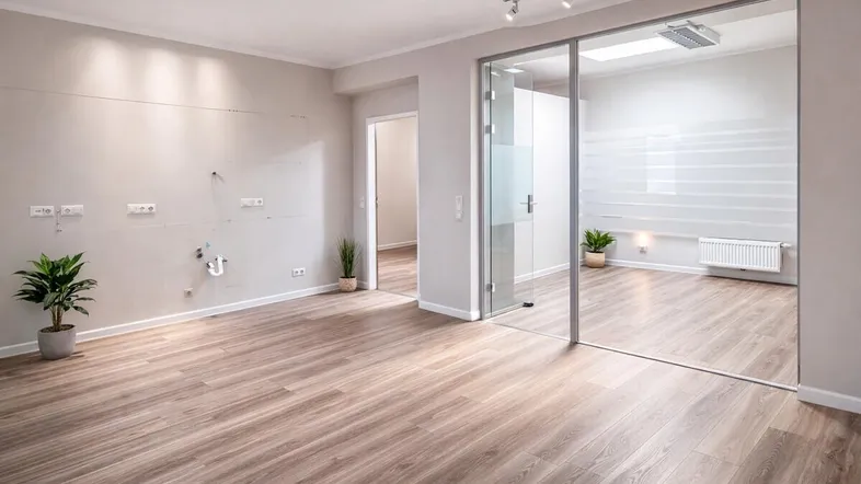 Heller, leerer Gewerberaum mit modernem Laminatboden und einer eleganten Glasabtrennung zu einem weiteren Bereich.