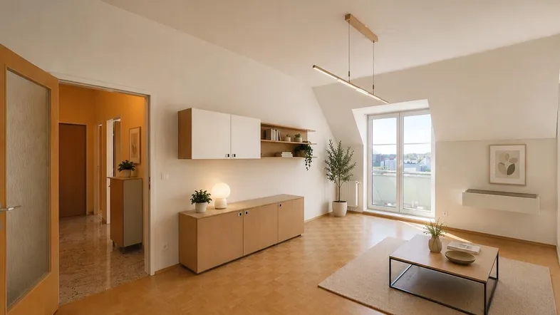Helles, modern eingerichtetes Wohnzimmer mit Parkettboden, Dachschräge und Zugang zu einem Flur.