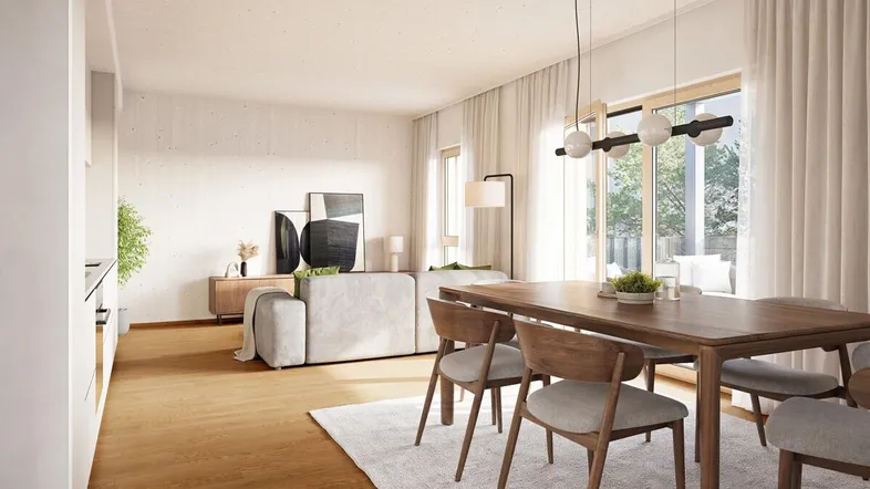 Modernes, offenes Wohn-Esszimmer mit Holzboden, großen Fenstern und Zugang zur Terrasse.