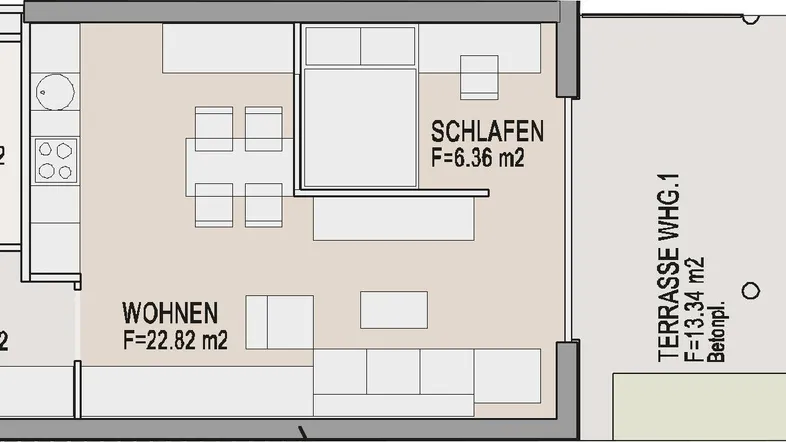 Grundriss einer Wohnung mit Wohnzimmer, Schlafzimmer, Bad, Terrasse und privatem Garten.