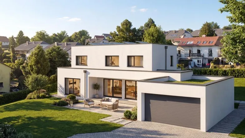 Modernes Einfamilienhaus mit weißer Fassade, großem Garten und sonniger Terrasse.