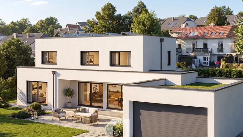Moderne Architektur mit Flachdach, großer Terrasse, Garten und integrierter Garage.