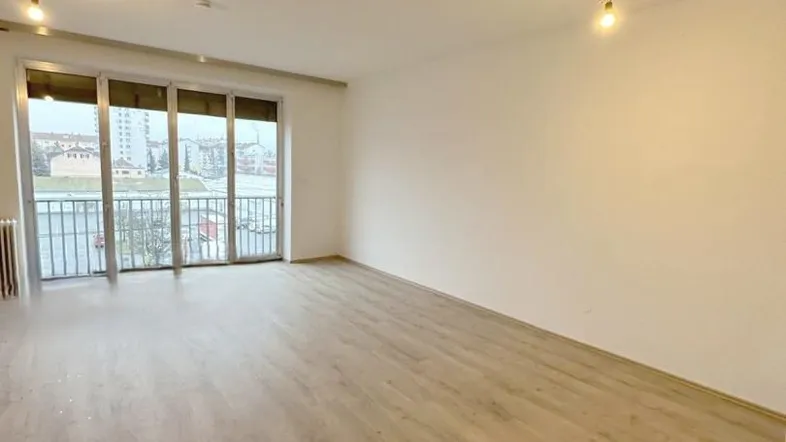 Helles, leeres Wohnzimmer mit modernem Laminatboden und Zugang zu einem Balkon.