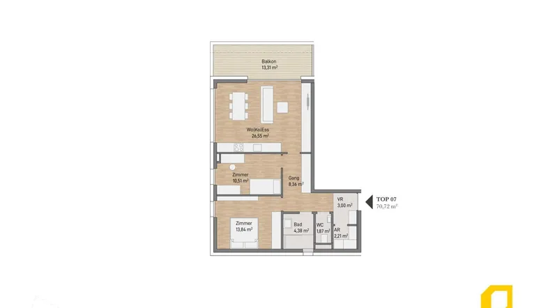 Detaillierter Grundriss der Wohnung TOP 07 mit Balkon und mehreren Zimmern.
