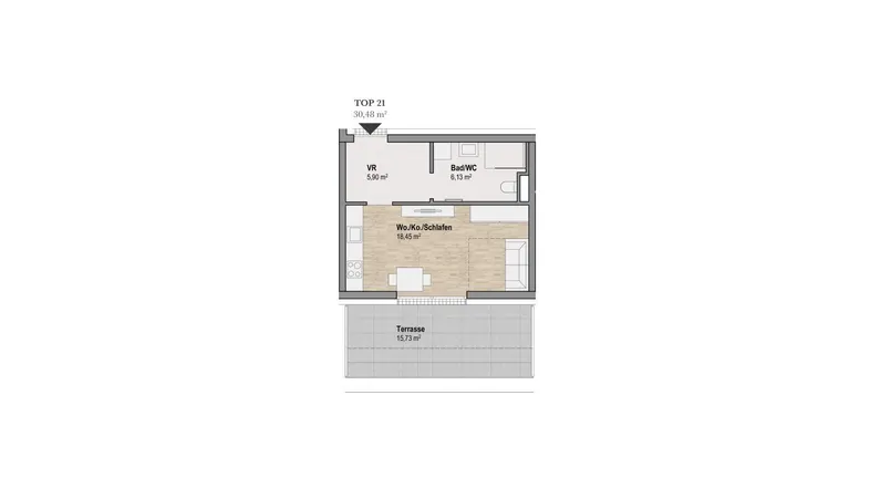 Grundrissplan für eine kleine Wohneinheit mit Wohn-/Koch-/Schlafbereich, Bad und Terrasse.