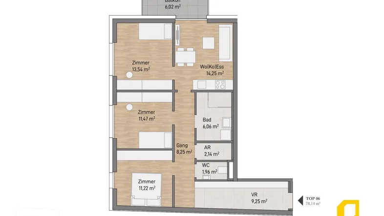 Grundriss einer Wohnung mit drei Zimmern, offenem Wohnbereich, Bad, separatem WC und Balkon.