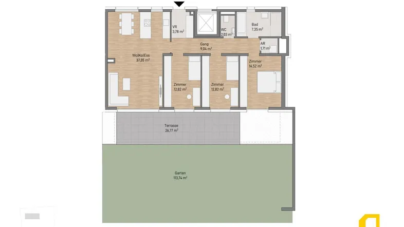 Grundriss der Wohnung TOP 02 mit Wohn-Essbereich, drei Zimmern, Terrasse und Garten.