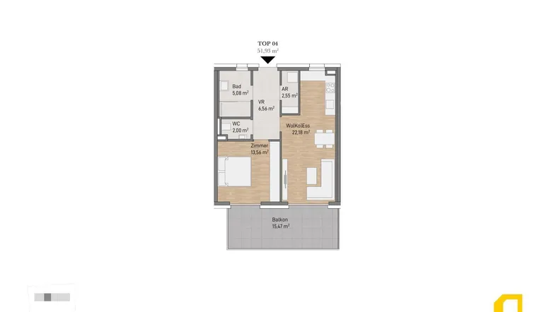 Grundriss einer modernen Wohnung mit einem Schlafzimmer, offenem Wohnbereich und Balkon.