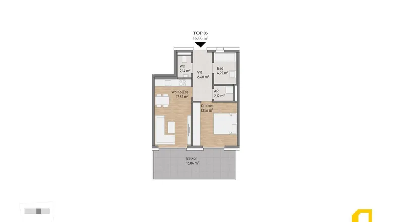 Grundriss einer Wohnung mit offenem Wohn-Essbereich, Schlafzimmer, Bad und Balkon.