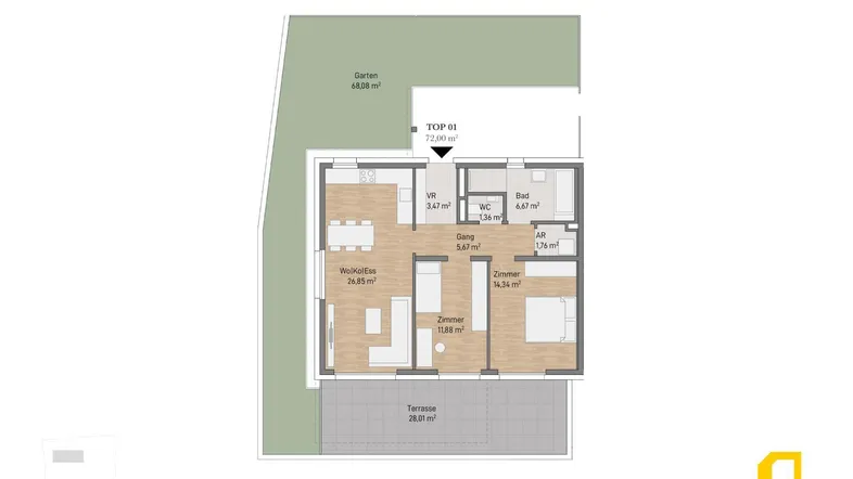 Grundriss der Wohnung TOP 01 mit offenem Wohnbereich, zwei Zimmern, Bad, WC, Terrasse und Garten.