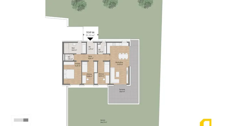 Detaillierter Grundriss der Wohnung Top 06 mit Terrasse und Garten.