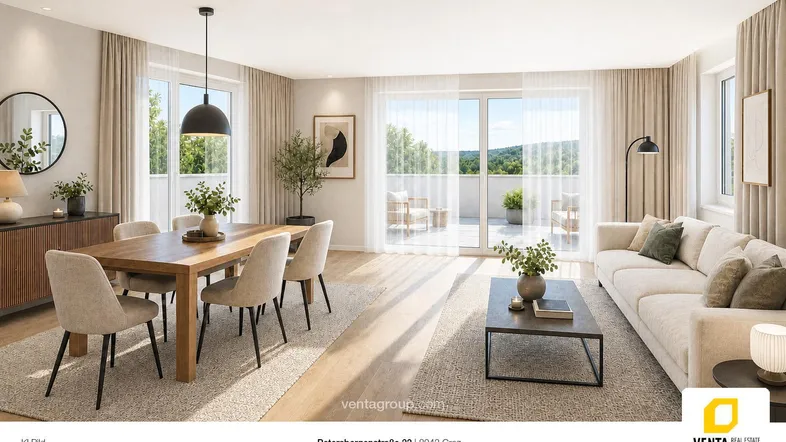 Heller, offener Wohn- und Essbereich mit Zugang zur Terrasse und Blick ins Grüne.