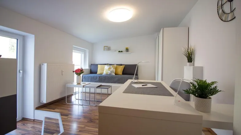 Helles, modern eingerichtetes Wohnzimmer mit Holzboden, Schlafsofa und einem kleinen Arbeitsbereich.