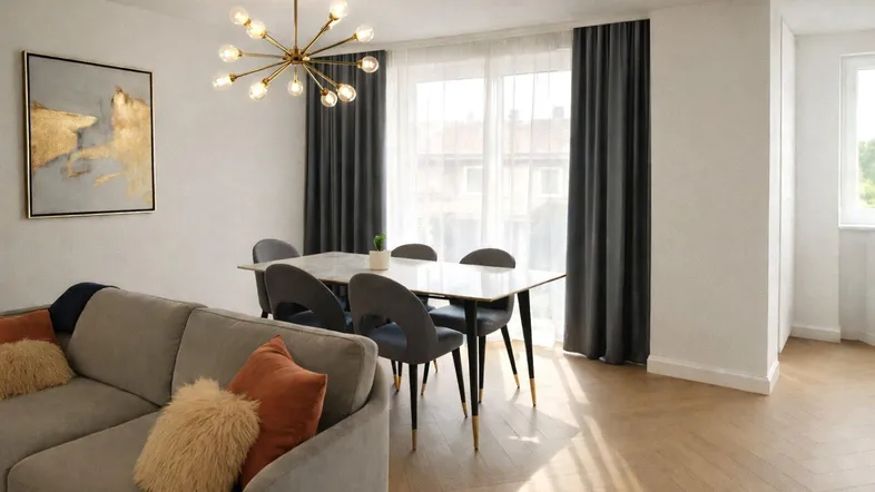 Heller Wohn- und Essbereich mit modernem Design, Parkettboden und großen Fenstern.
