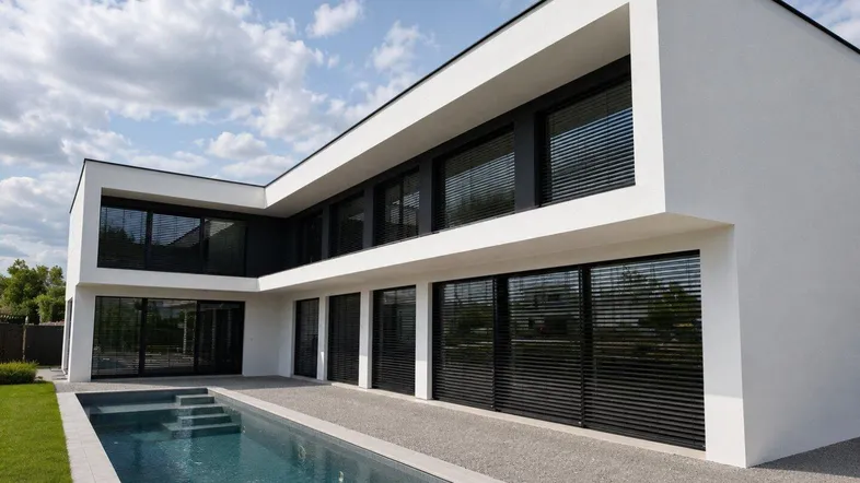 Moderne Villa mit klaren Linien, großem Pool und gepflegtem Rasenbereich unter blauem Himmel.
