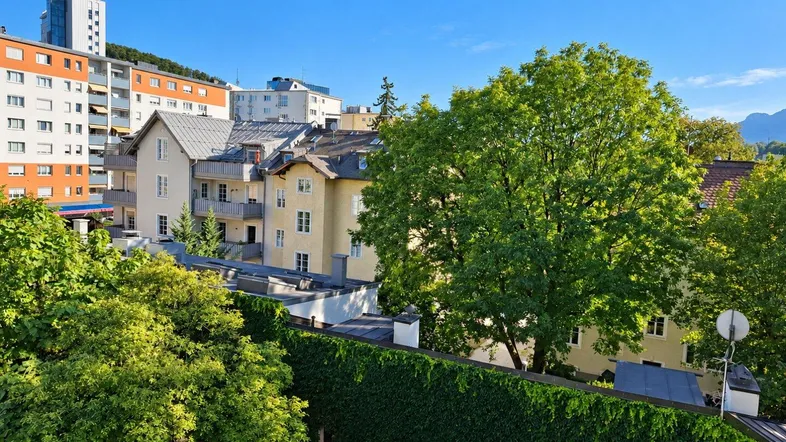 Blick über die Dächer der Stadt mit viel Grün und umliegenden Gebäuden unter blauem Himmel.