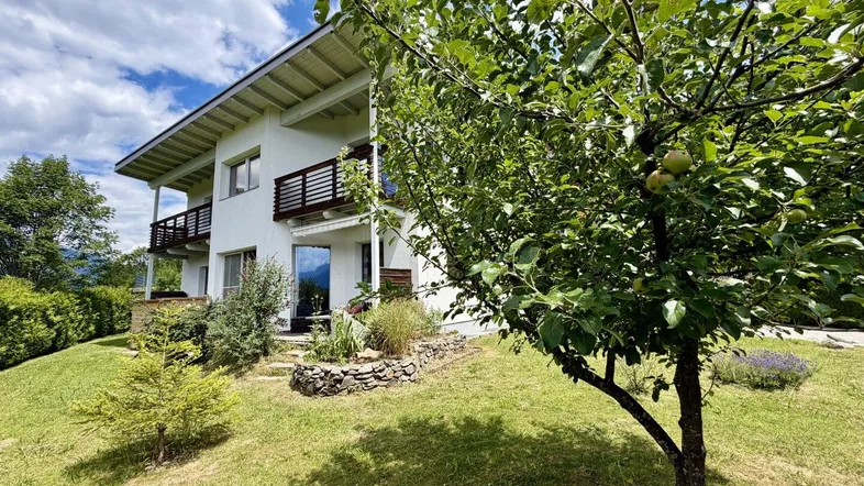 Gepflegter Garten mit Obstbaum und Blick auf das moderne Wohnhaus mit Balkonen.